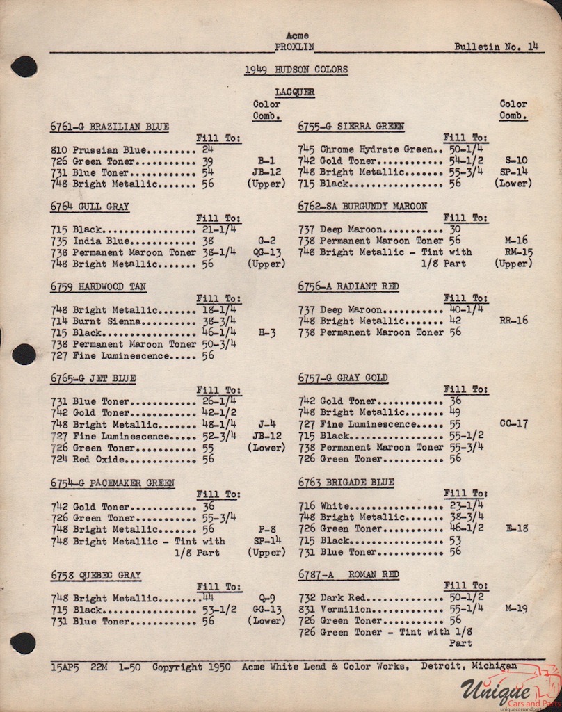 1949 AMC Hudson Acme 5 Paint Charts